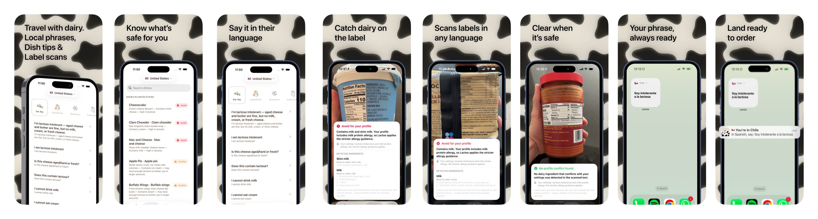 Lactoo App Store screenshots showing local dish guidance, translated phrases, label scanning, widgets, and arrival alerts